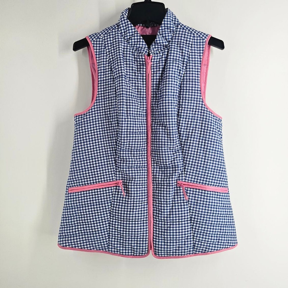 Talbots Vest Women Small Blue Gingham Quilted Pink Trim Zip Up Preppy